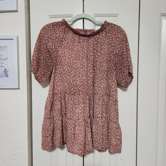 Inherit Babydoll Tiered Top – Size S – Rust Brown with Ditsy Floral – Like New - Picture 1 of 3